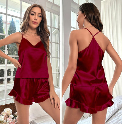 Damen-Satinpyjama – bordeauxrot mit Volant