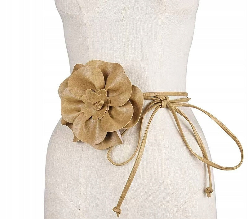 Beige Faux Leather Tie Belt with Large Flower — Elegant Statement Accessory