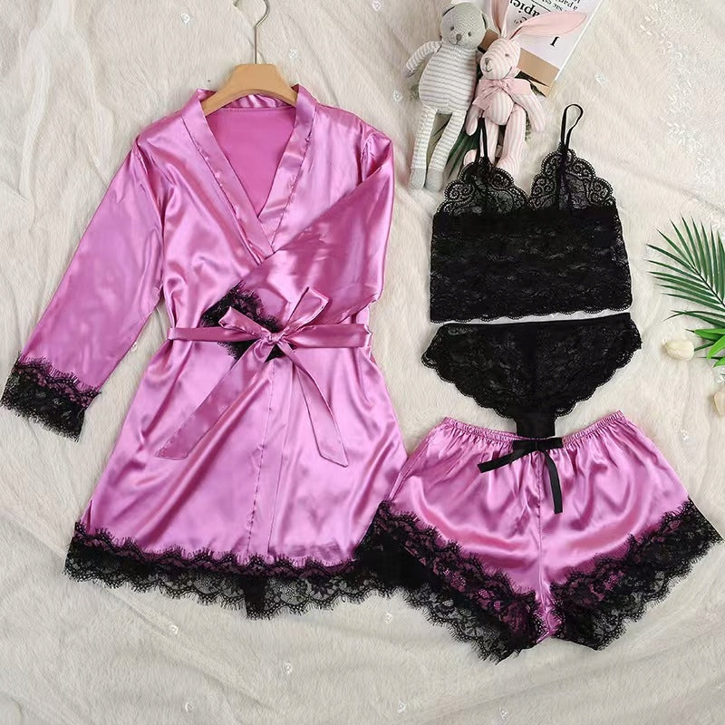 Damen-Satinpyjama mit Bademantel und Spitze – violett und schwarz