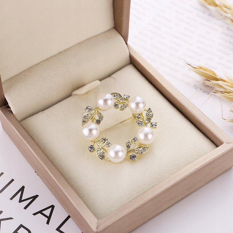 Gold-Tone White Glass Pearl and Zirconia Wreath Brooch