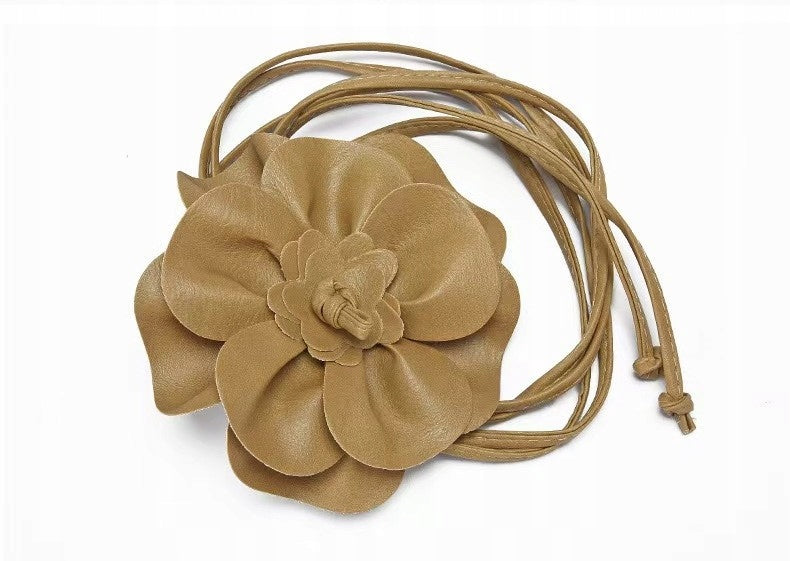 Beige Faux Leather Tie Belt with Large Flower — Elegant Statement Accessory