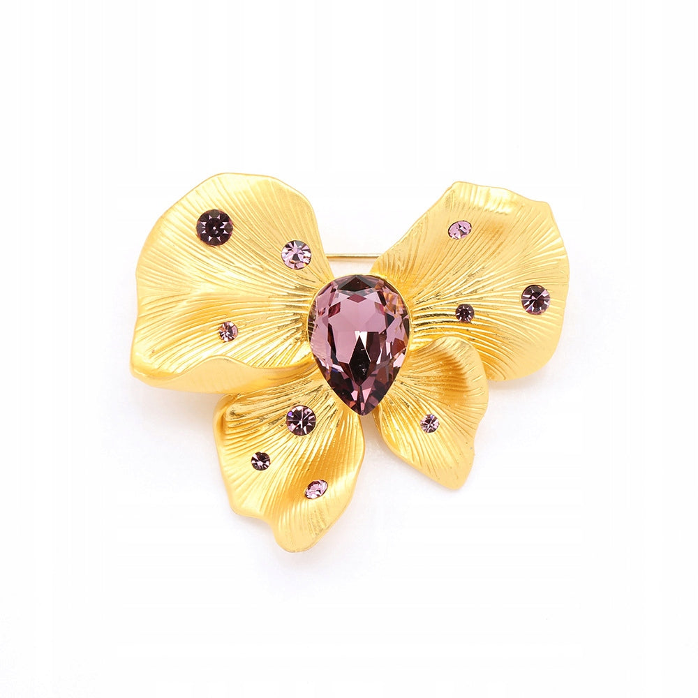 Flower Brooch with Rhinestones – Gold-Tone