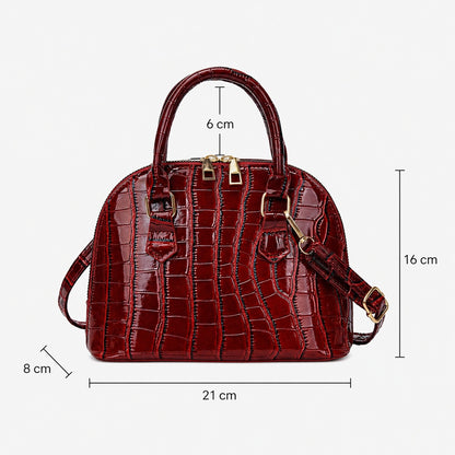 Women's Elegant Burgundy Patent Snakeskin-Effect Structured Shoulder Bag
