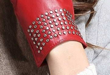 Stylish Red Women's Studded Calfskin Autumn/Winter Gloves