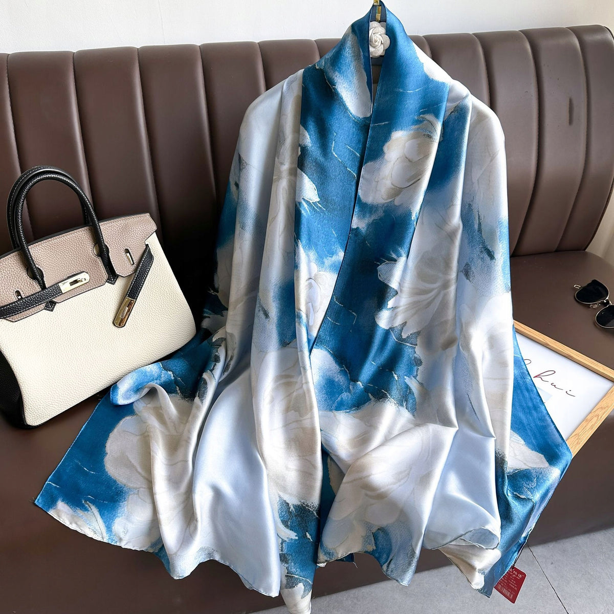 Women's Elegant Large Blue Silk-Effect Scarf — Sophisticated Style, 180×90 cm