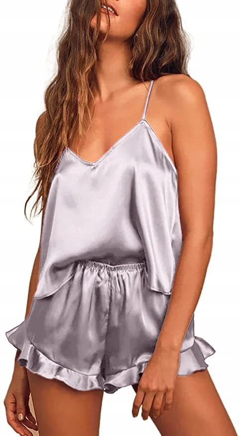 Damen-Satinpyjama – silbergrau mit Volant
