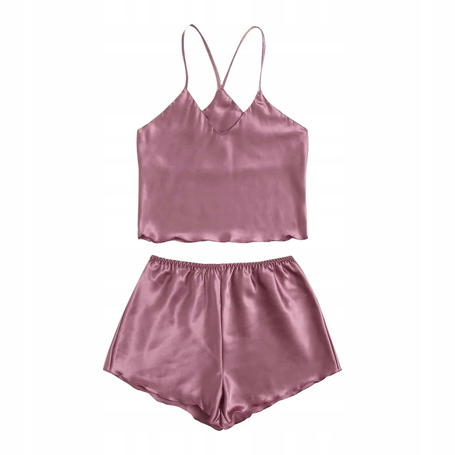 Women's Satin Pyjamas — Pink with Crossed Back Straps