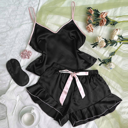 Pyjama en satin pour femme – noir, avec nœud rose