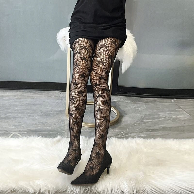Star-Patterned Women's Lace Tights – Black