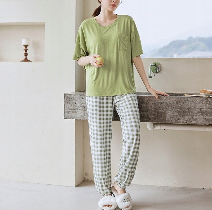 Women's Pyjamas — Light Green with Checked Trousers
