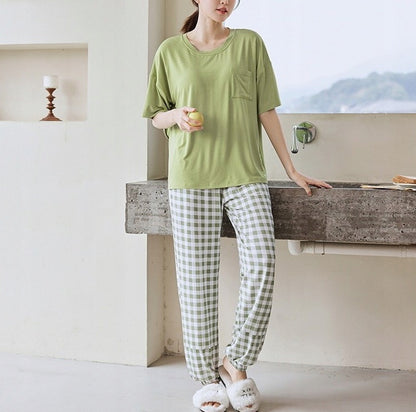 Women's Pyjamas — Light Green with Checked Trousers