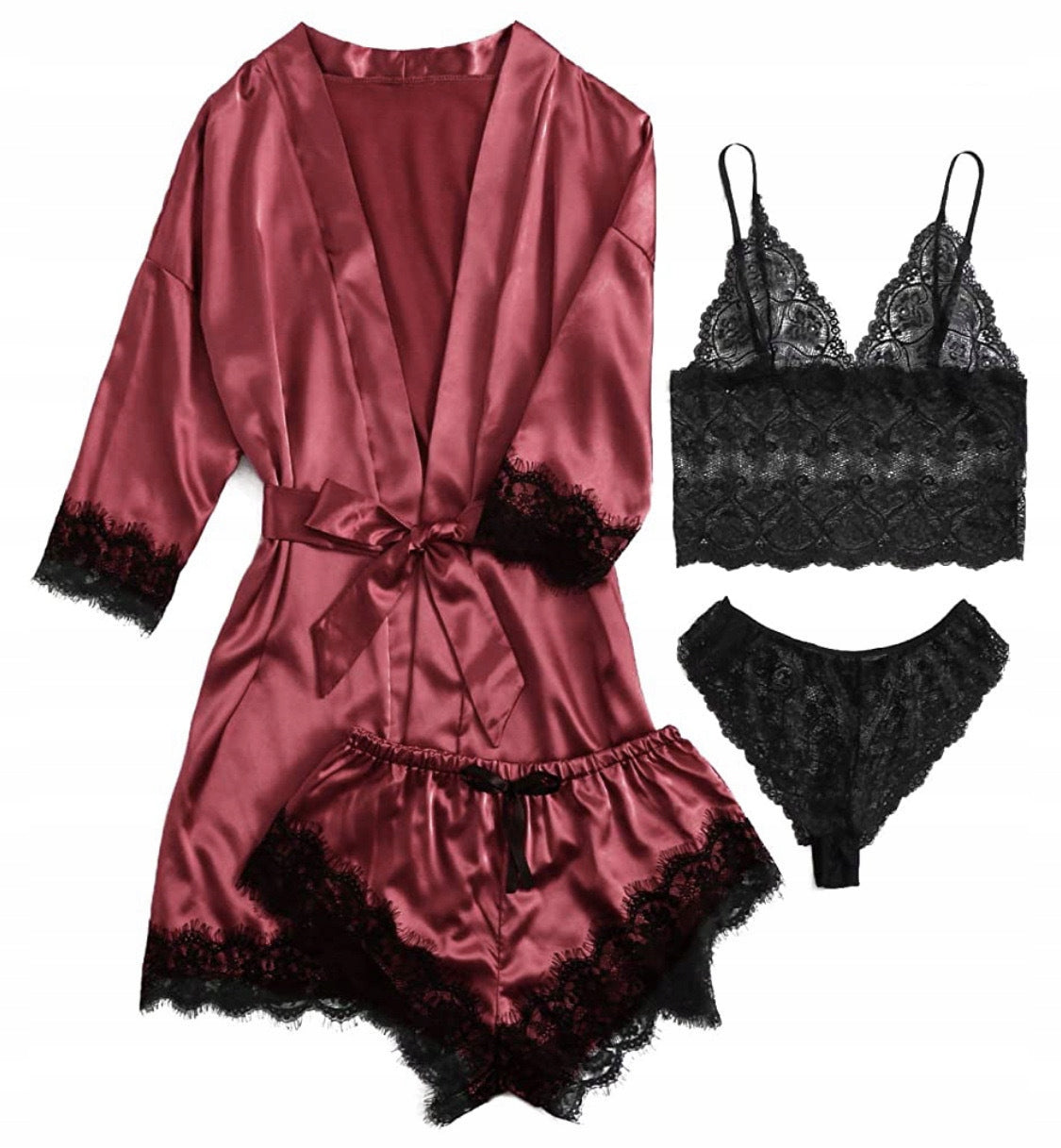 Women's Satin and Lace Pyjama Set with Robe — Burgundy and Black