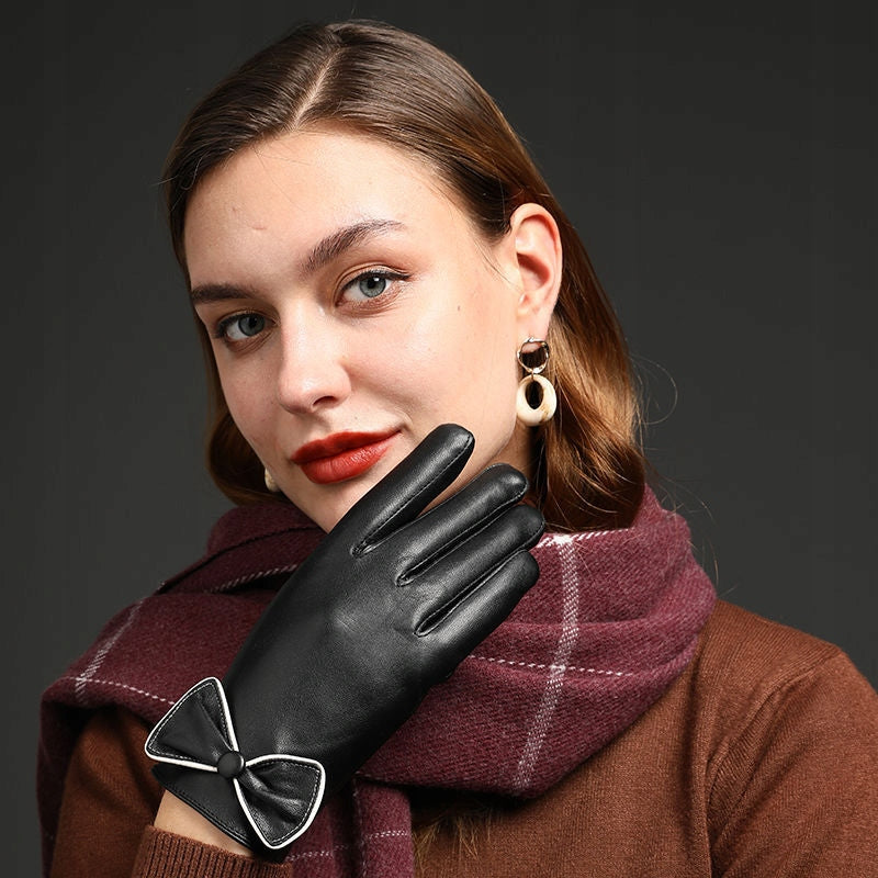 Black Women's Faux-Leather Gloves with a Decorative Bow — Stylish Accessories
