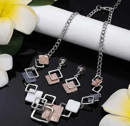 Elegant Necklace and Earrings Set — Silver-Tone and Brown Fashion Jewellery