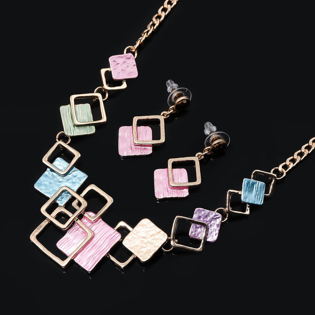 BIŻUTERIA OZDOBNA elegancki zestaw NASZYJNIK i KOLCZYKI kwadraty kolor złoty różowy