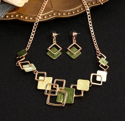 Elegant Necklace and Earrings Set — Gold-Tone and Green Fashion Jewellery