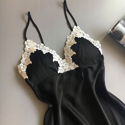 Damen-Nachthemd – schwarz mit weißer Spitze