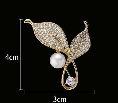 Brosche zwei Blätter mit Zirkonia – goldfarben
