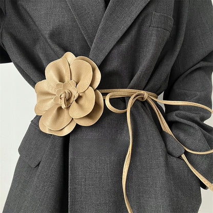 Beige Faux Leather Tie Belt with Large Flower — Elegant Statement Accessory