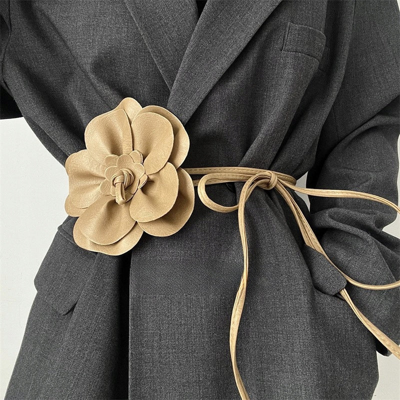 Beige Faux Leather Tie Belt with Large Flower — Elegant Statement Accessory