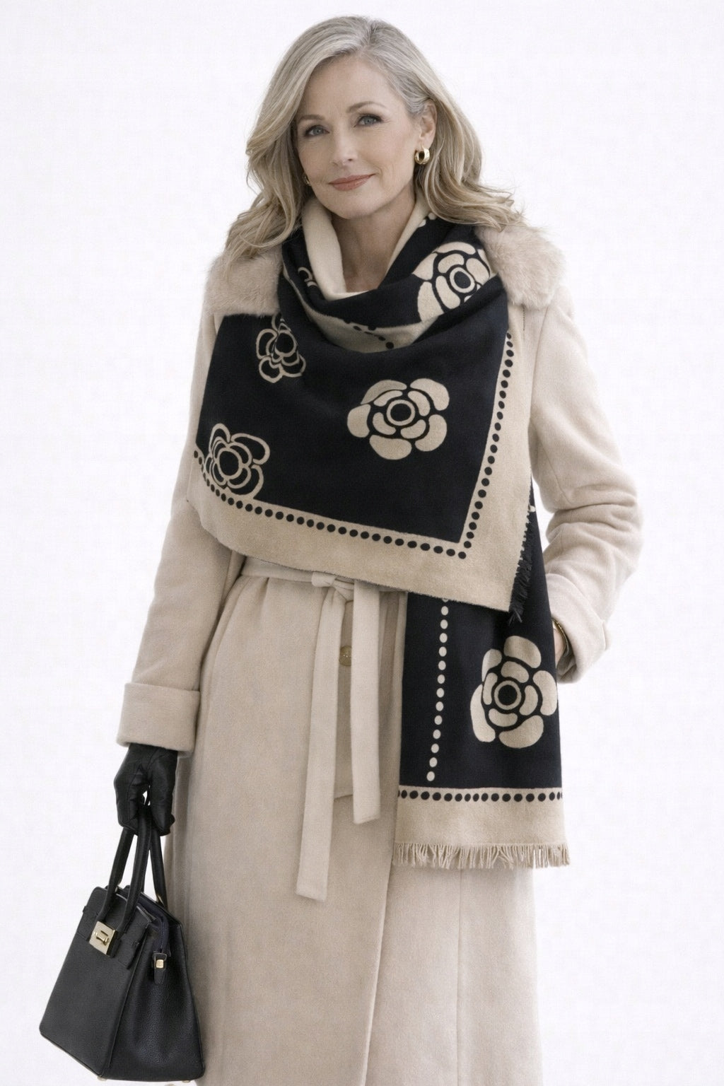 Écharpe d’hiver pour femme 180 × 66 cm – beige et noir