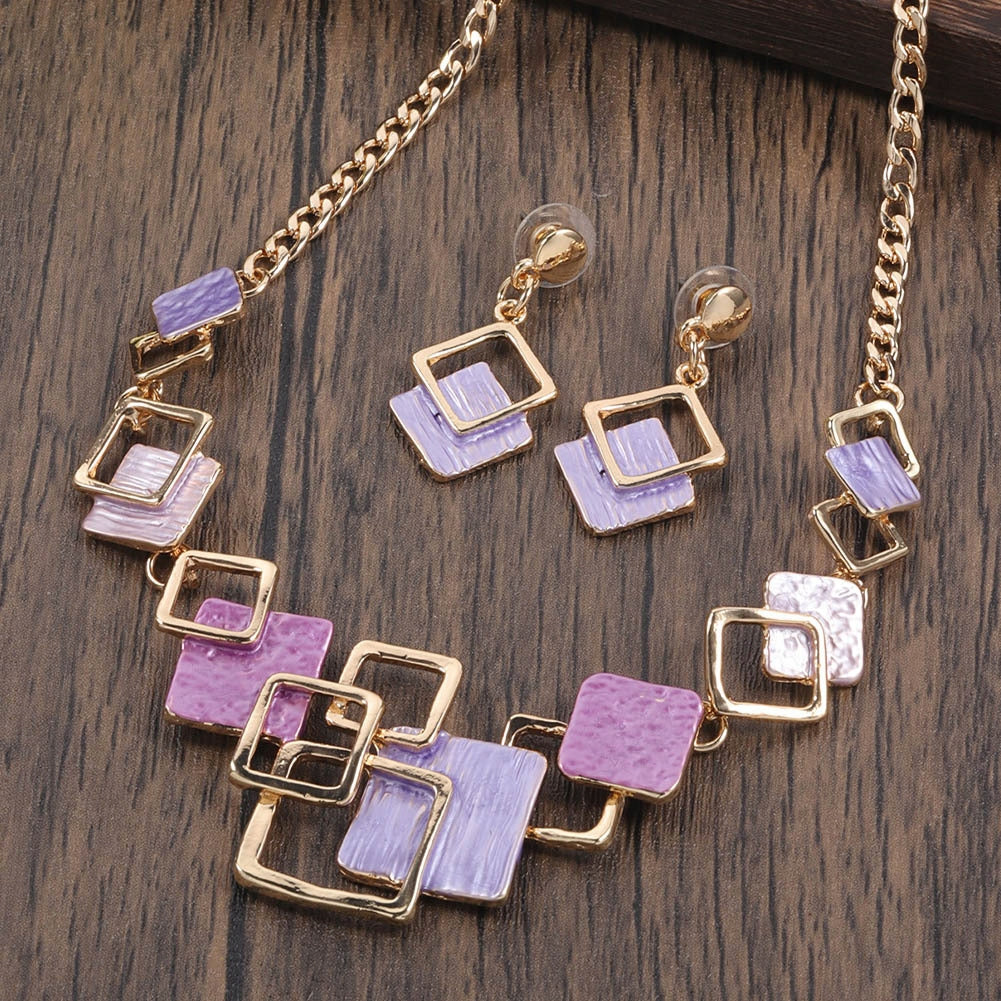 Schmuckset: Halskette und Ohrringe – goldfarben und heidefarben