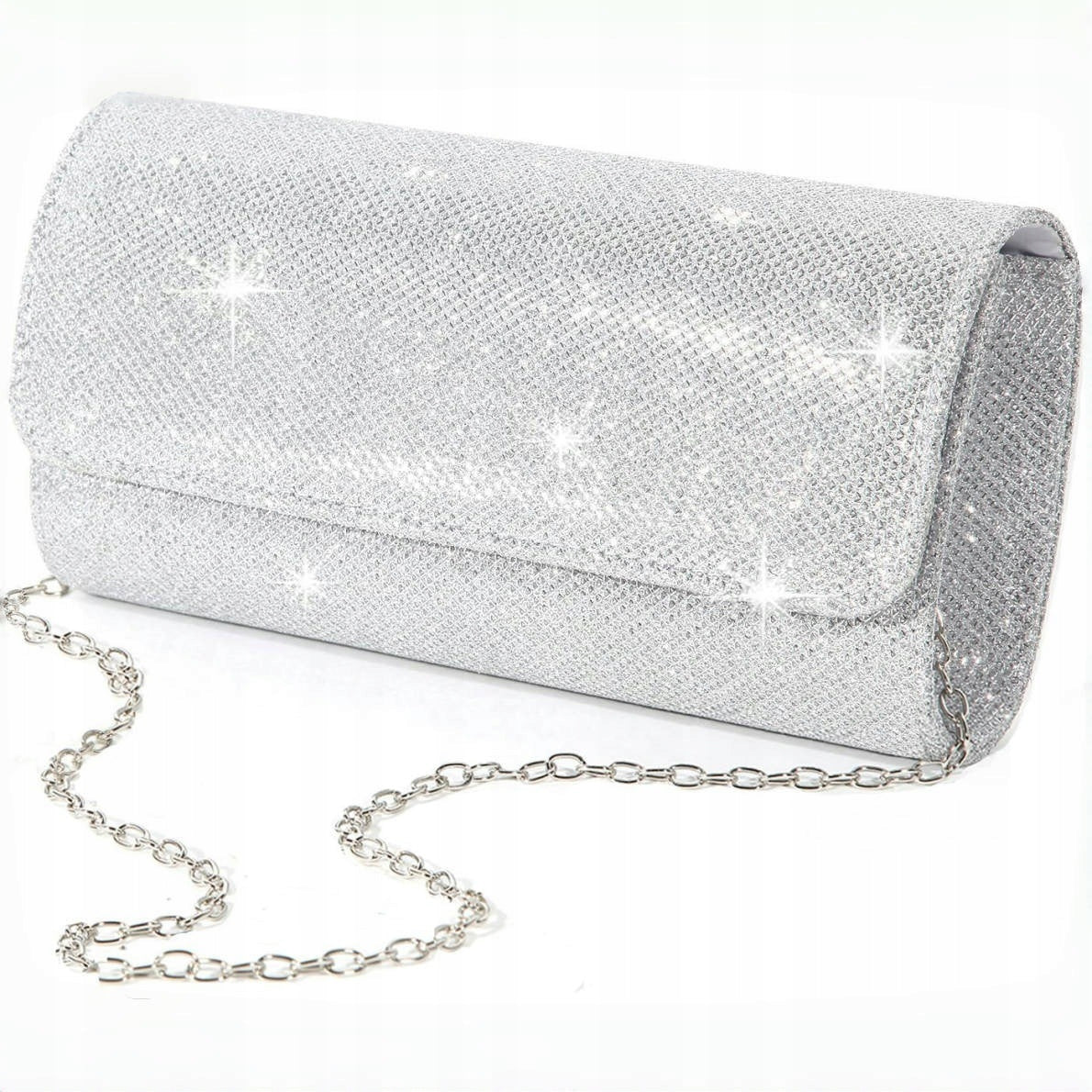 Women's Elegant Silver Evening Clutch Bag with a Chain Strap, 20 cm