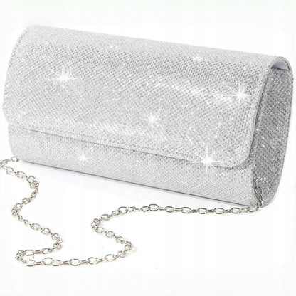 Women's Elegant Silver Evening Clutch Bag with a Chain Strap, 20 cm