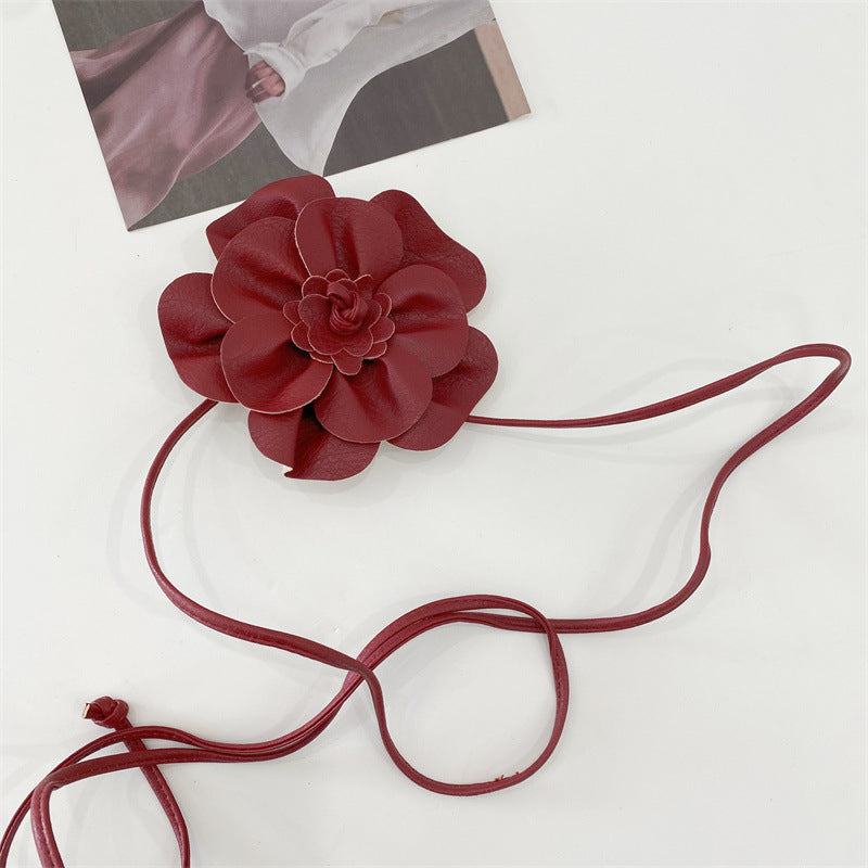 Ceinture à nouer pour femme avec fleur – bordeaux
