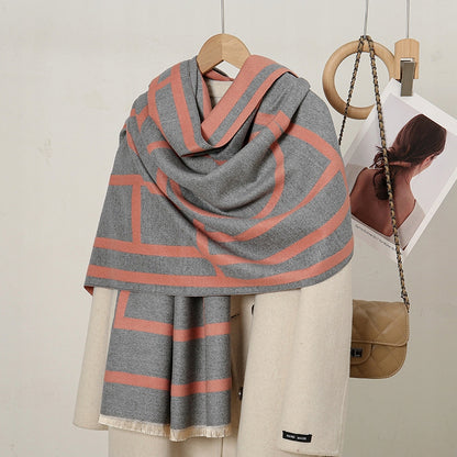 Bufanda de invierno de mujer 180 × 66 cm – gris y rosa