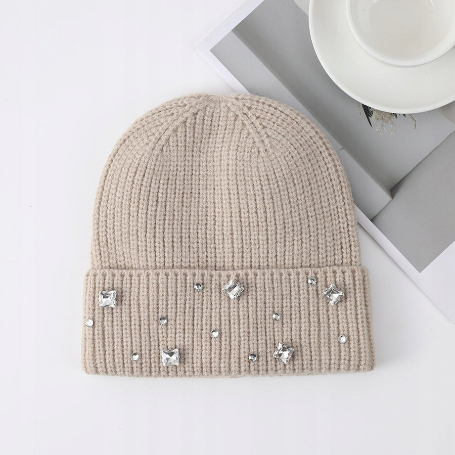 beżowa CZAPKA damska cyrkonie zimowa jesienna stylowa BEANIE stylowa