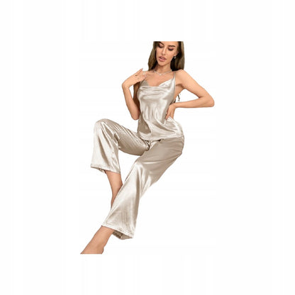 Pijama de damă din satin – cu top și pantaloni lungi, bej