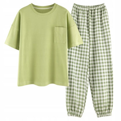 Women's Pyjamas — Light Green with Checked Trousers