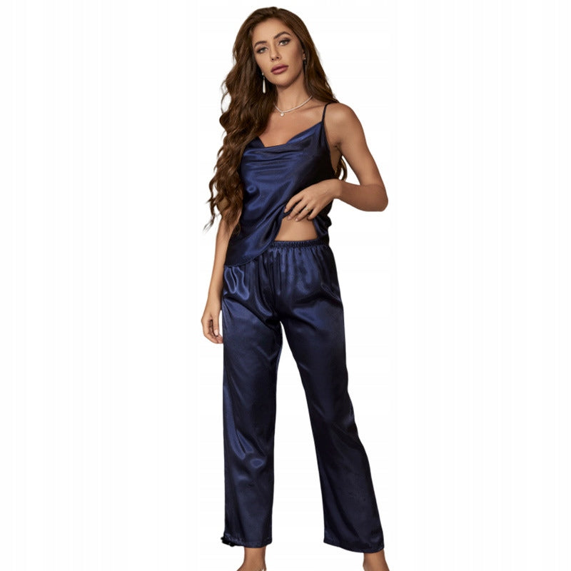 Pijama de satén de mujer – top y pantalón largo, azul marino