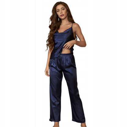 Pijama de satén de mujer – top y pantalón largo, azul marino