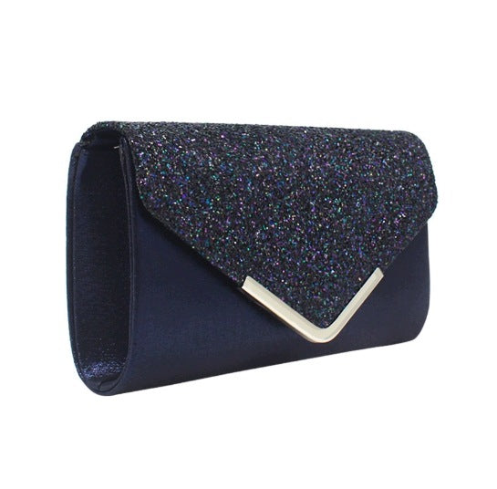 Women's Navy Evening Clutch Bag with a Chain Strap, 24×14×5.5 cm