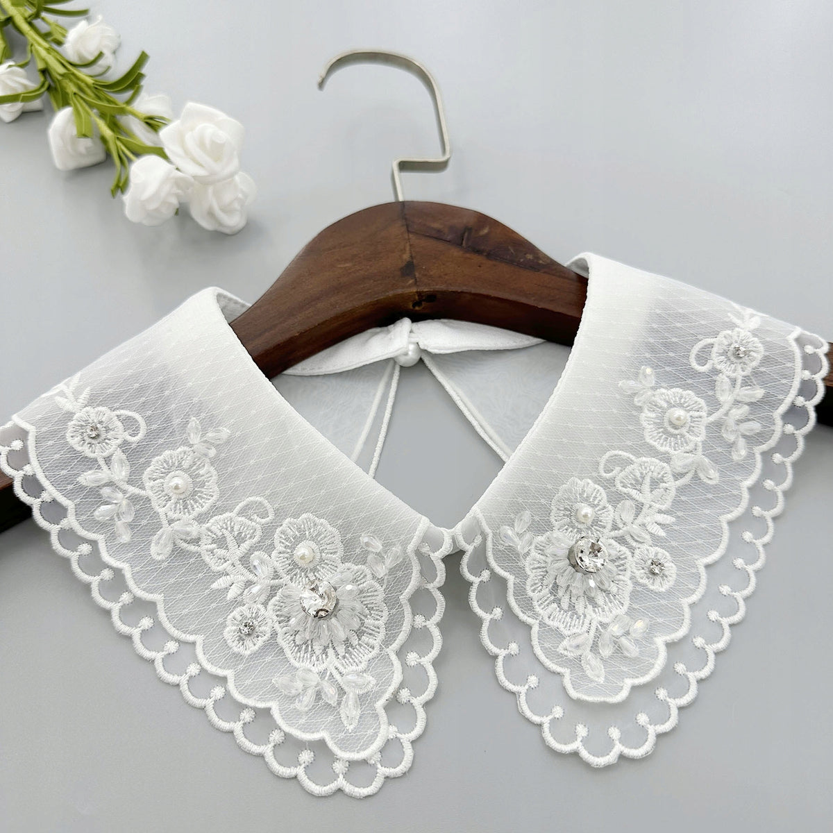Elegant White Embroidered Tie-on Collar with Cubic Zirconia — Fashion Accessory