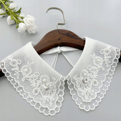 Elegant White Embroidered Tie-on Collar with Cubic Zirconia — Fashion Accessory
