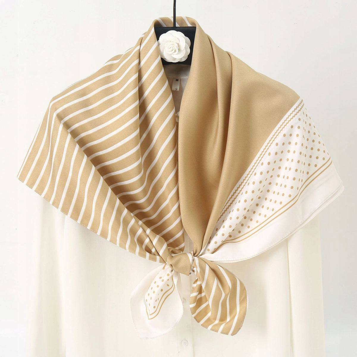 Silk-Effect Square Scarf 90 × 90 cm – Beige & White