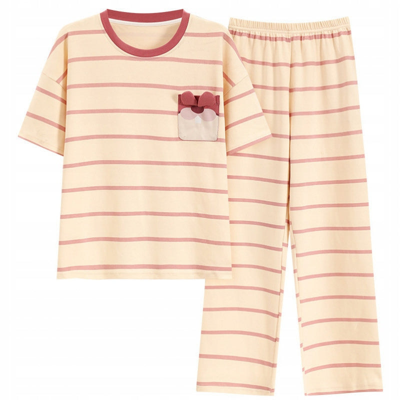 Damenpyjama – rosa gestreift mit Schleife