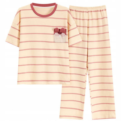 Damenpyjama – rosa gestreift mit Schleife