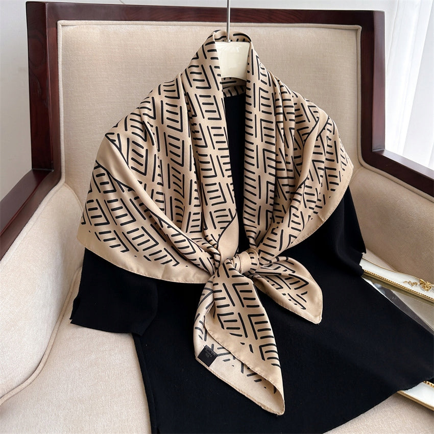 Silk-Effect Square Scarf 90 × 90 cm – Beige & Black