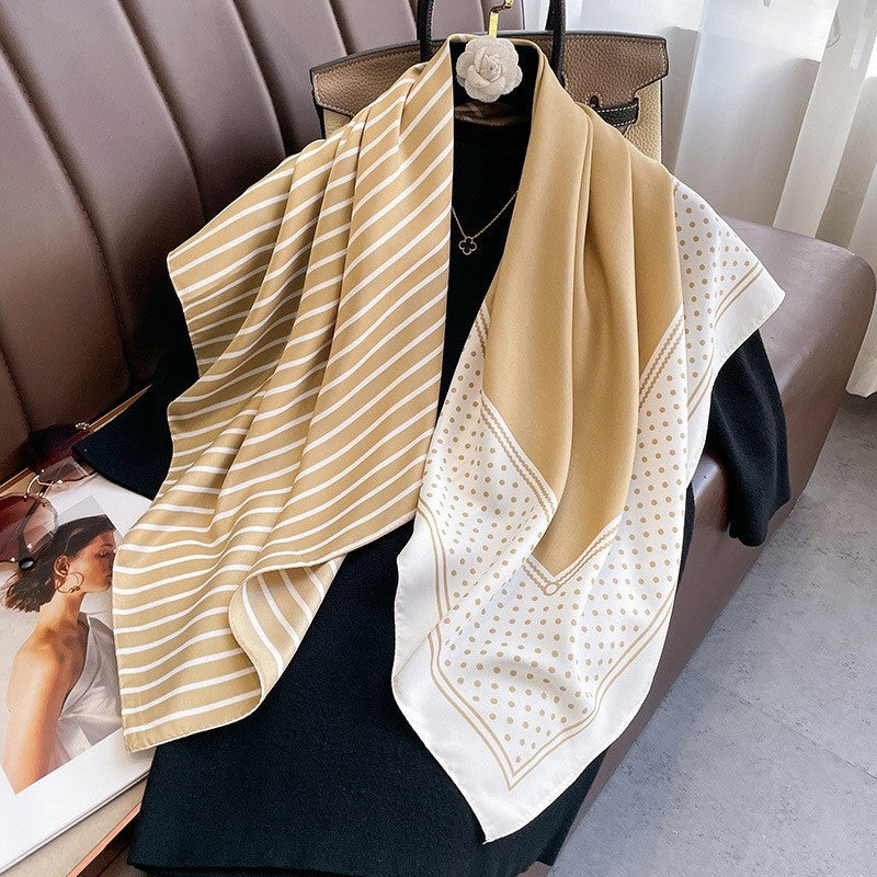 Silk-Effect Square Scarf 90 × 90 cm – Beige & White