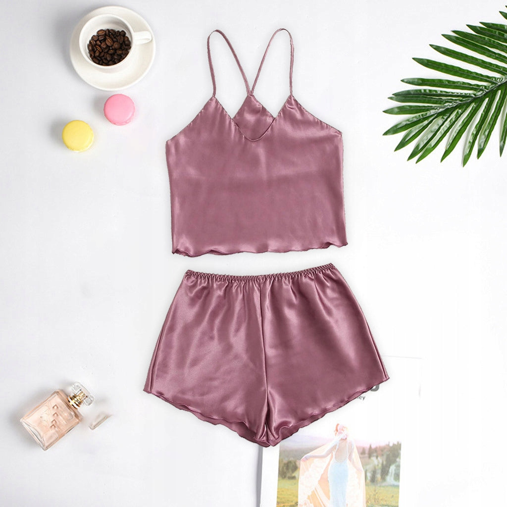 Pyjama en satin pour femme – rose, à bretelles croisées