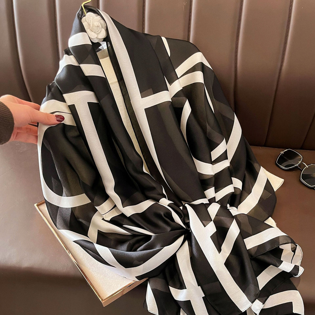 Women's Elegant Large Silky Scarf — Black and White Gift Scarf, 180×90