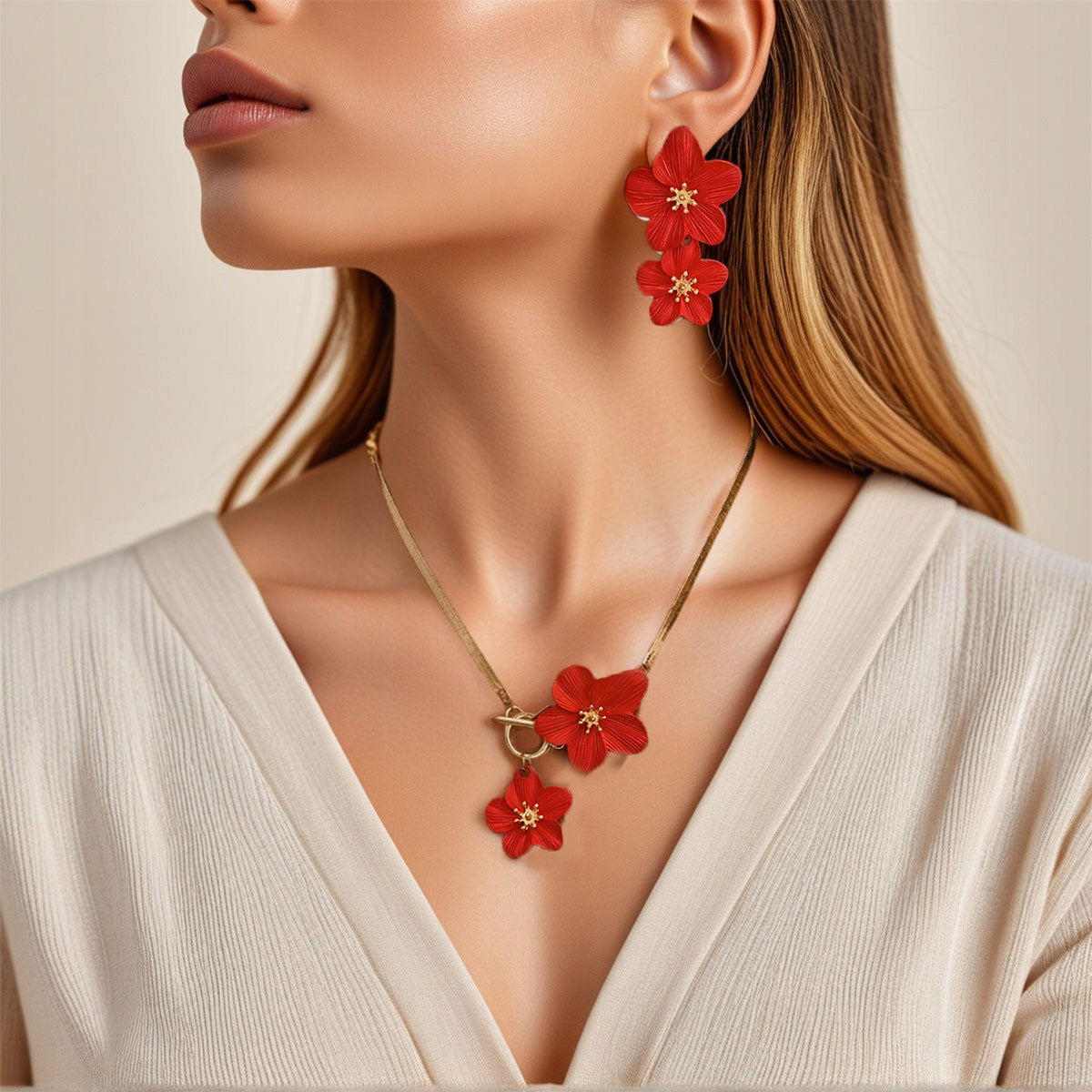 Necklace & Earrings & Bracelet Set – Red