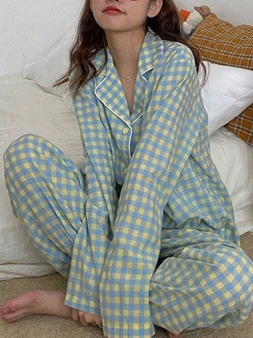 Women's Button-Front Pyjamas — Green Check with a Patch