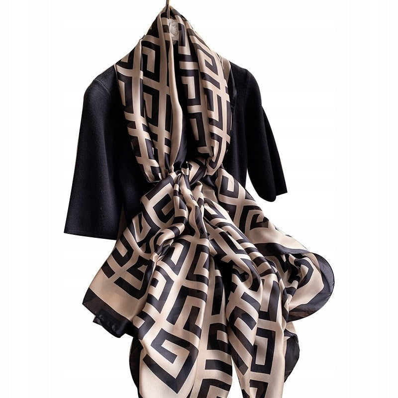Silk-Effect Scarf 180 × 90 cm – Black & Beige