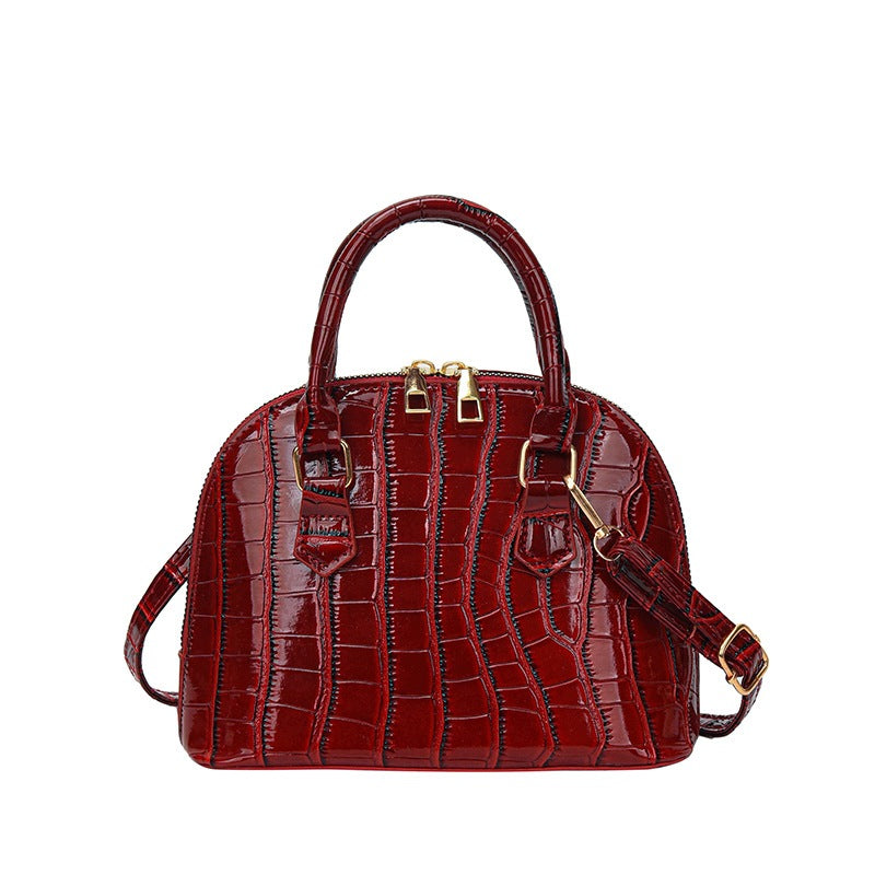 Women's Elegant Burgundy Patent Snakeskin-Effect Structured Shoulder Bag