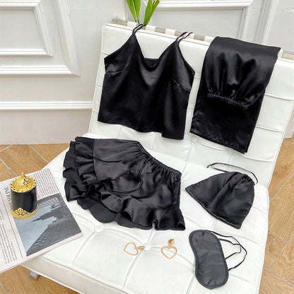 Damen-Satinpyjama – fünfteiliges Set in Schwarz